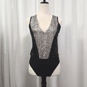 Black and Silver Sequin‎ V-Neck Bodysuit Womens Size L Regencycore Glam